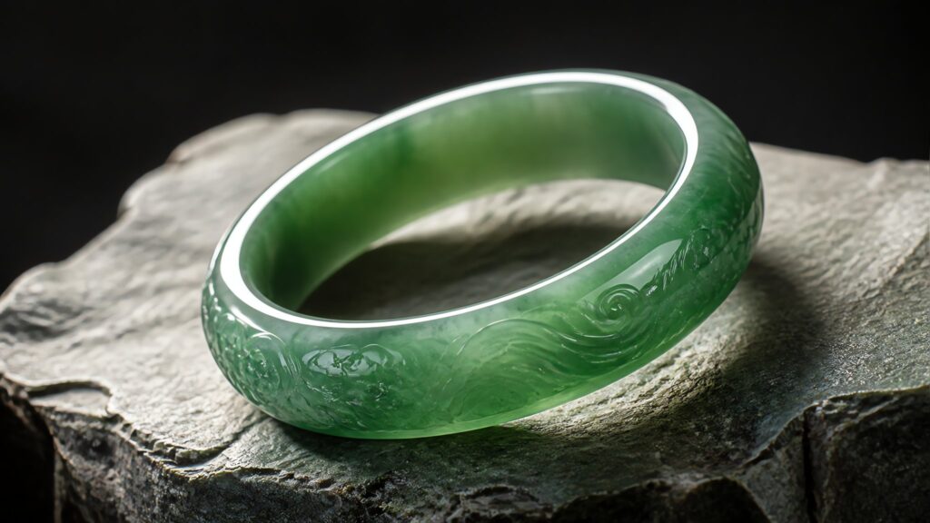 Elegant jadeite bangle on silk cloth, soft studio lighting, luxury still life