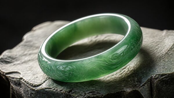 Elegant jadeite bangle on silk cloth, soft studio lighting, luxury still life