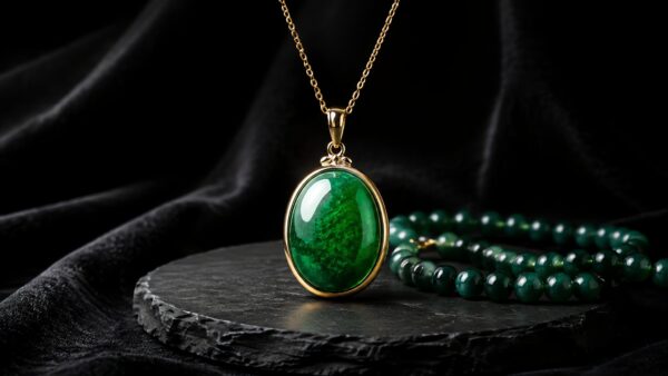 A glossy jadeite pendant in vivid green rests on dark silk, radiating under soft studio lighting.