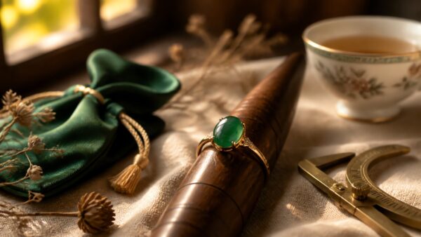 An elegant jadeite ring displayed on a model's hand, soft studio lighting, luxury jewelry setting