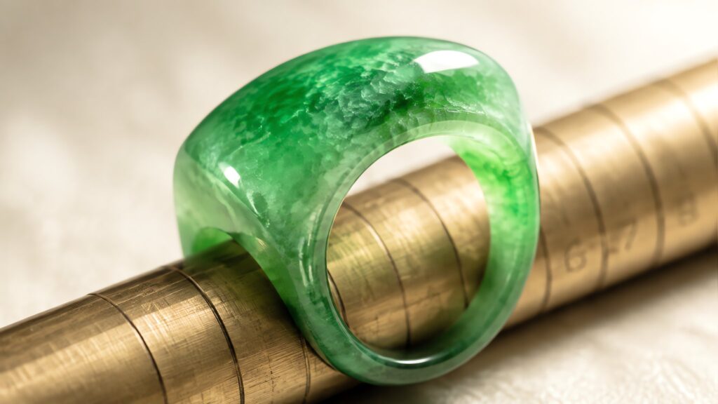 Elegant jadeite saddle ring on a model’s finger, softly lit luxury setting