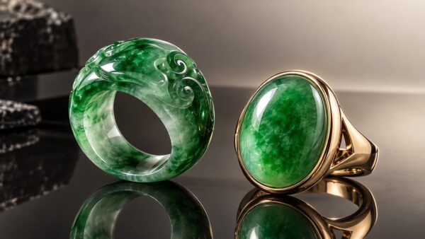 Two elegant jadeite rings, one saddle and one cabochon, displayed on dark velvet under soft light