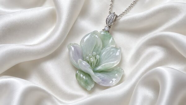 A polished jadeite magnolia pendant with a delicate gold chain rests on a soft silk cloth, bathed in warm, elegant light