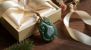Elegant ruyi pendant necklace displayed on dark silk, softly lit to highlight its carved curves and refined gold detail