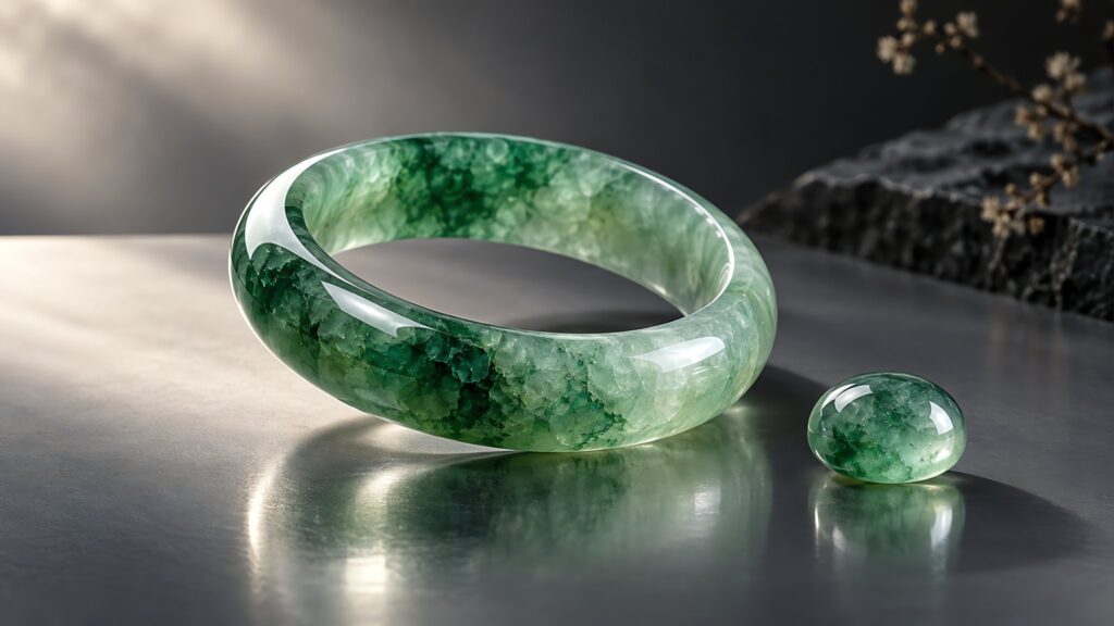 Polished green jadeite bangle on dark silk under soft jewelry lighting