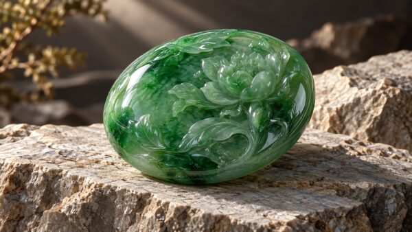 A translucent green jade bangle resting on a certificate under soft studio light