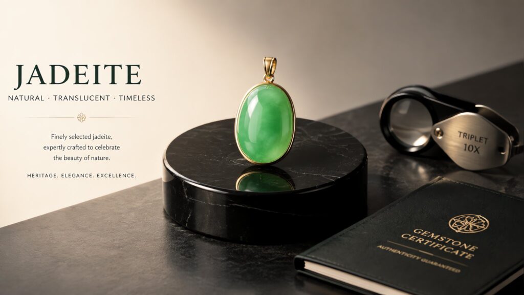 A polished green jadeite pendant with carved details rests on dark silk, soft studio lighting