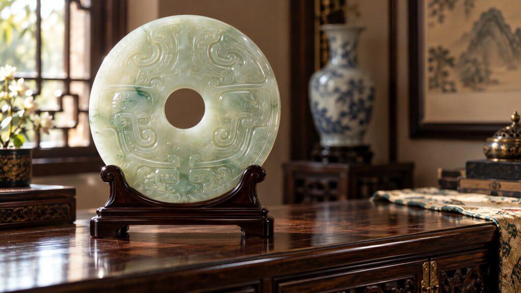 A carved jade ornament displayed on dark silk beside gold accents, lit to show its translucence and imperial elegance