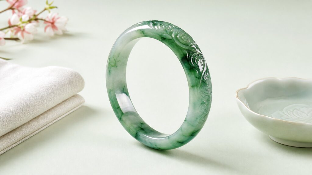 Elegant jade bangle resting on a marble bathroom ledge beside soft steam and morning light