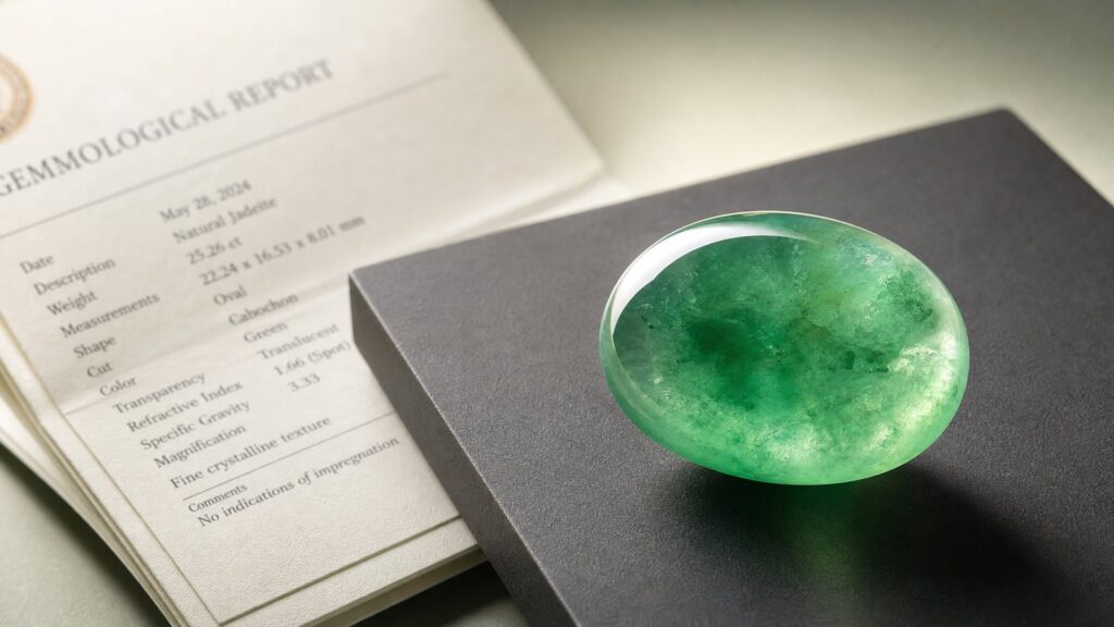 A polished green jadeite bangle resting on a soft neutral surface under gentle studio light, calm and refined mood