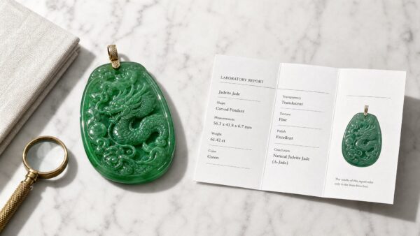 A polished green jadeite pendant resting on a printed gemstone certificate under soft studio light