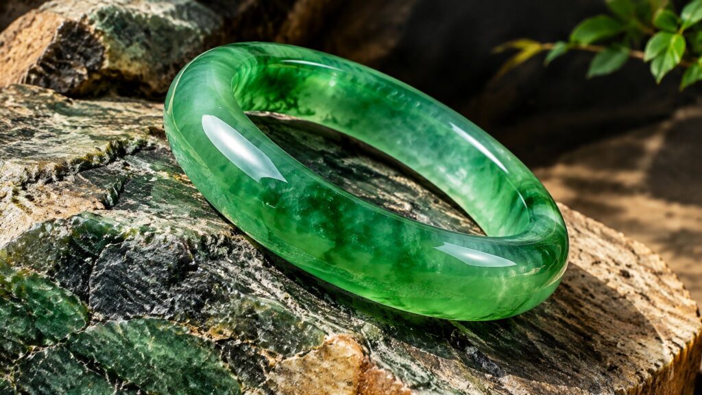 A polished green jadeite bangle resting on dark silk under soft studio light