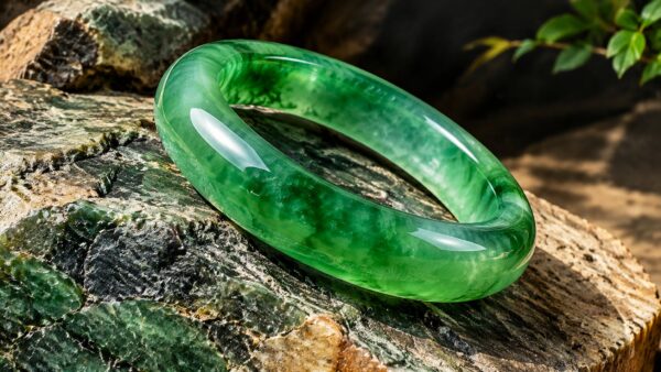 A polished green jadeite bangle resting on dark silk under soft studio light