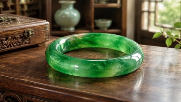 A polished green jadeite bangle resting on dark silk in soft, elegant light