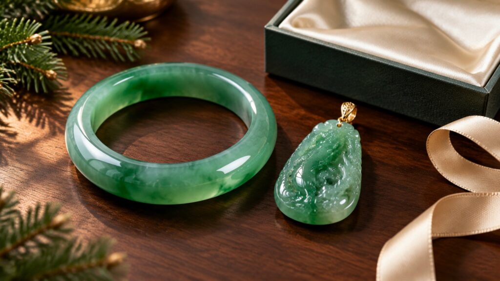 A polished jadeite bangle glows on dark silk under soft light, elegant and serene