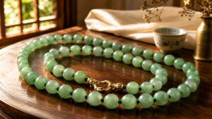 A jadeite bead necklace with gold clasp resting on dark silk, softly lit to show the cord and knots