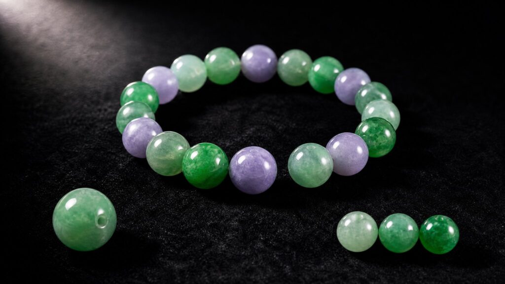 A jadeite bead bracelet resting on dark silk, its polished green spheres glowing softly under warm luxury lighting