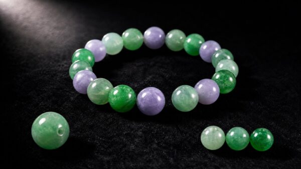 A jadeite bead bracelet resting on dark silk, its polished green spheres glowing softly under warm luxury lighting