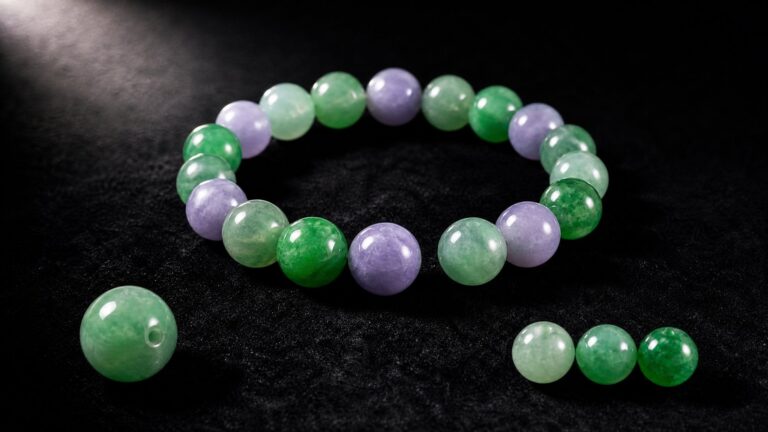 A jadeite bead bracelet resting on dark silk, its polished green spheres glowing softly under warm luxury lighting