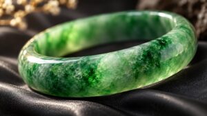 Two polished jadeite bangles on cream silk, one deep green and one pale, in soft light