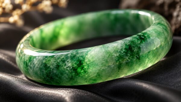 Two polished jadeite bangles on cream silk, one deep green and one pale, in soft light