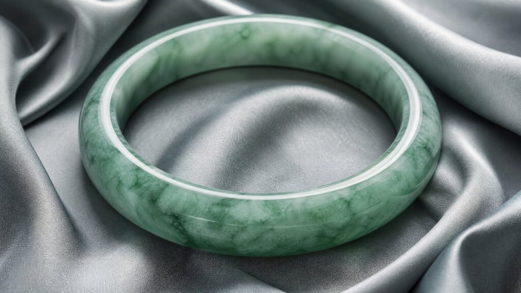 A glossy green jadeite bangle rests on dark silk under soft gallery lighting, evoking quiet luxury and heirloom elegance.