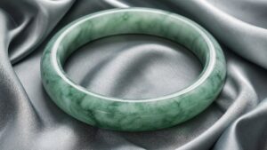 A glossy green jadeite bangle rests on dark silk under soft gallery lighting, evoking quiet luxury and heirloom elegance.