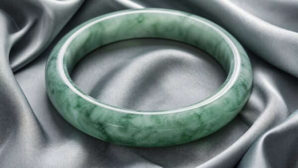 A glossy green jadeite bangle rests on dark silk under soft gallery lighting, evoking quiet luxury and heirloom elegance.