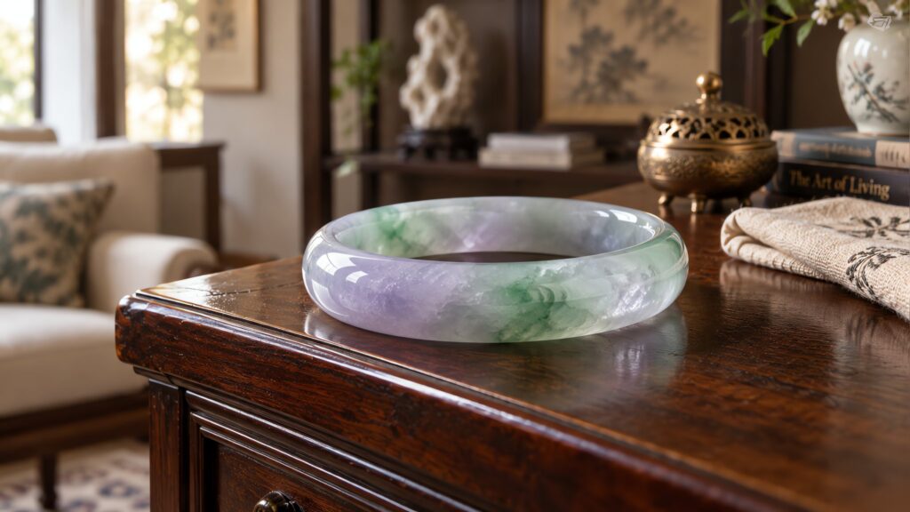 A jadeite bangle resting on dark silk, glowing soft lavender in gentle morning light