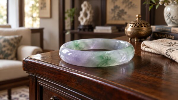 A jadeite bangle resting on dark silk, glowing soft lavender in gentle morning light