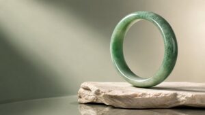 Polished green jadeite bangle resting on a damp marble ledge in a softly lit bathroom