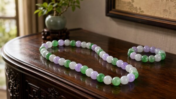 Polished tri-color jadeite necklace and bracelet arranged on soft silk in warm, elegant light