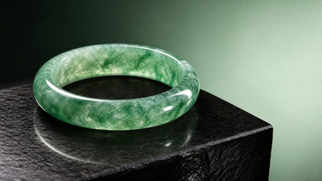 A close-up of a glossy green jadeite bangle resting on dark velvet under soft studio light, highlighting its translucent poli