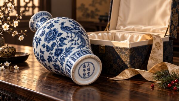 Close-up of a Ming porcelain base showing a blue underglaze reign mark in a cartouche, elegant lighting, refined mood