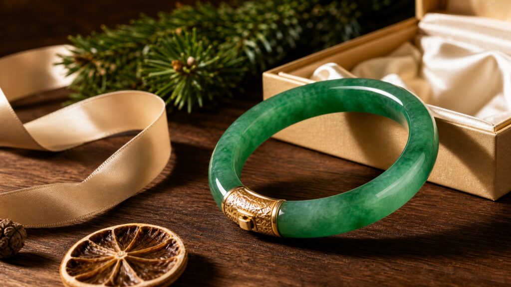 A polished green jadeite bangle resting on soft white silk in warm, elegant light