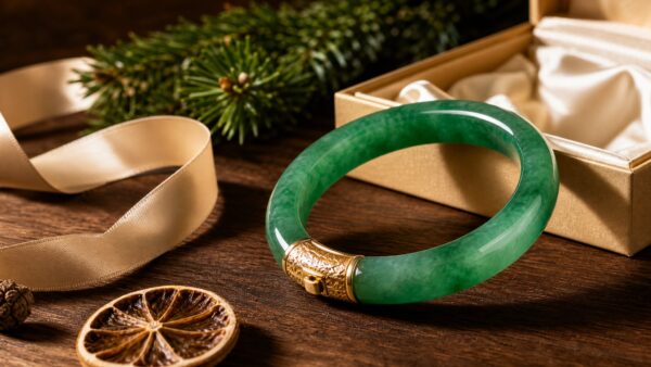A polished green jadeite bangle resting on soft white silk in warm, elegant light