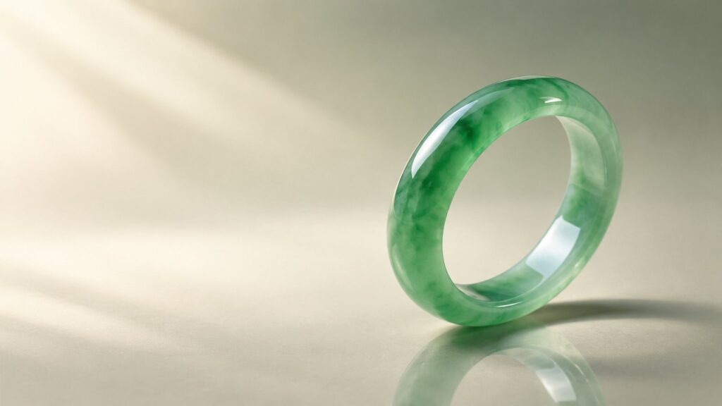 Close-up of a polished green jadeite bangle resting on dark silk, softly lit to show its translucent glow and elegant luxury