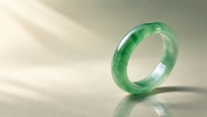 Close-up of a polished green jadeite bangle resting on dark silk, softly lit to show its translucent glow and elegant luxury