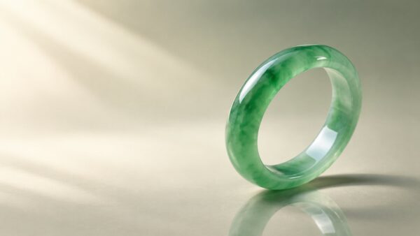 Close-up of a polished green jadeite bangle resting on dark silk, softly lit to show its translucent glow and elegant luxury