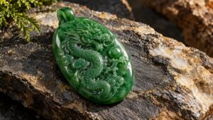 A carved green jadeite pendant on dark silk under soft gallery light, beside a jeweler's loupe, evoking quiet luxury and care