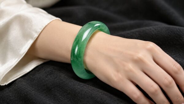 A polished green jadeite bangle resting on dark silk under soft gallery lighting